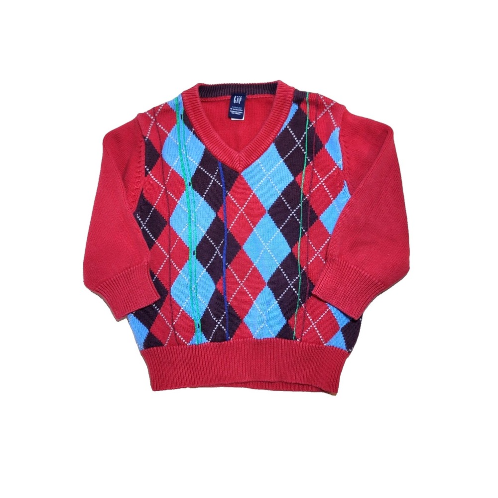 Baby Gap Colorful Argyle Cotton Sweater V-Neck‎ Red Sleeves 18-24 months